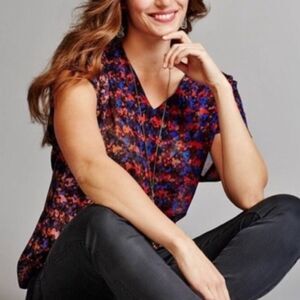 CAbi Abstract Houndstooth Sheer Top Large 3428 Red and Blue Blouse